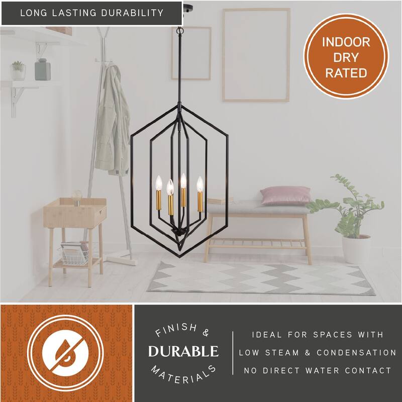 Riley 4 Light Black and Satin Brass Contemporary Geometric Cage Pendant Light - 18-in W x 28.75-in H x 18-in D