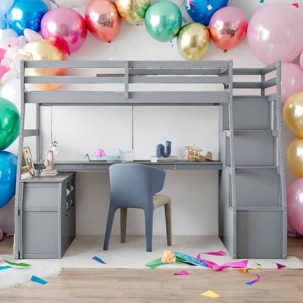 slide 2 of 44, Twin Size Loft Bed with Desk,7 Drawers,2 Shelves and Pinewood Frame Grey