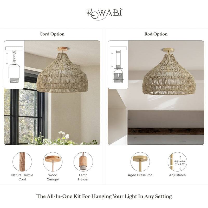 Dreamy Flush Mount Light - Palm Fibers & Brown 1-Light Dome Ceiling Light for Bedroom or Hallway in Modern, Mid-Century Style