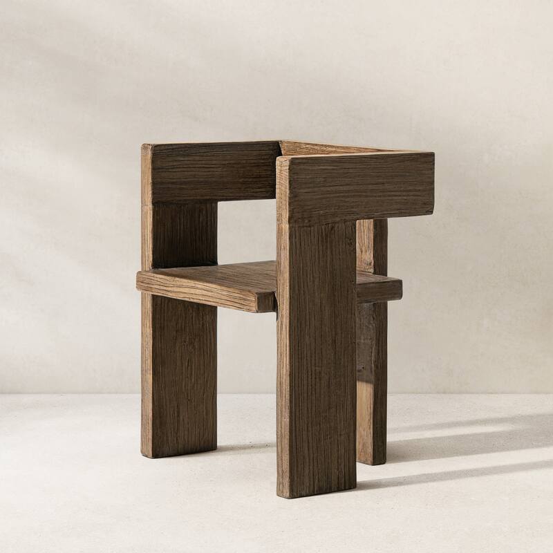 Jennifer Taylor Home Avenel Solid Reclaimed Elm Sculptural Block Accent Chair - Heritage Medium-Dark Brown Reclaimed Elm