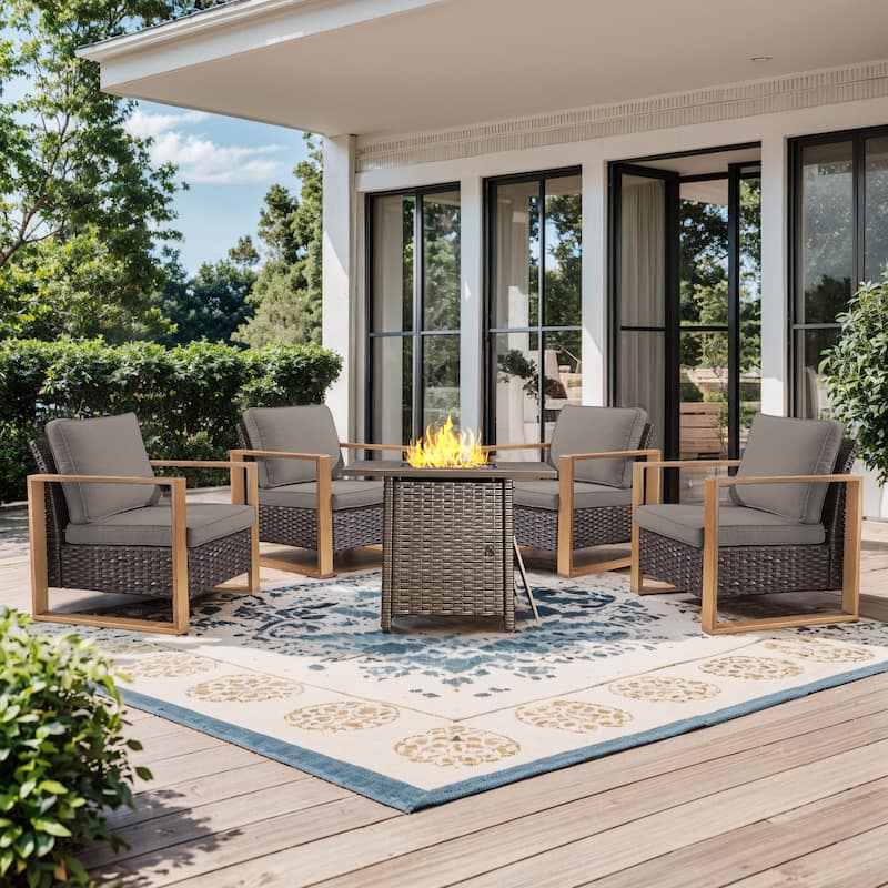 Pocassy 5-Piece Outdoor Patio Chair with Fire Pit Table Set - Gray cushion - Brown Wicker