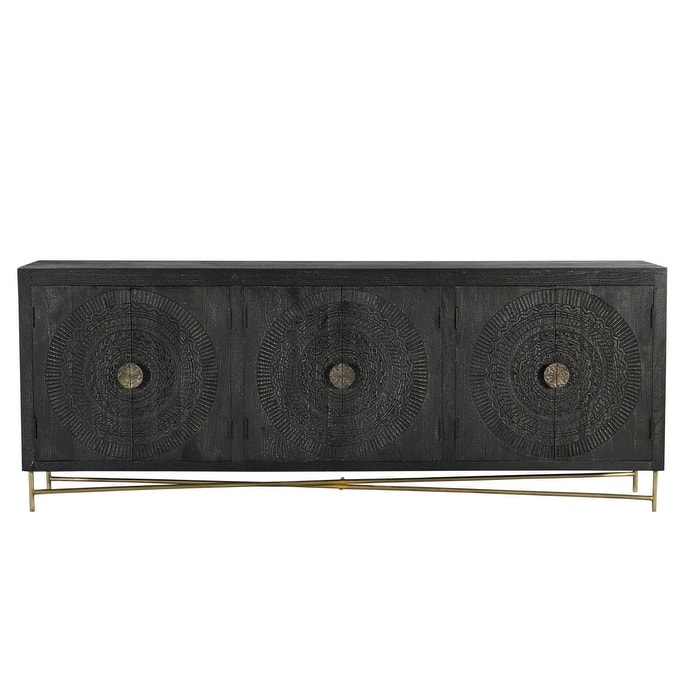 HomeRoots 95" Black Distressed Solid Wood Carved Geometric Sideboard with Six Doors - 95.00 in. x 37.00 in. x 15.50 in.