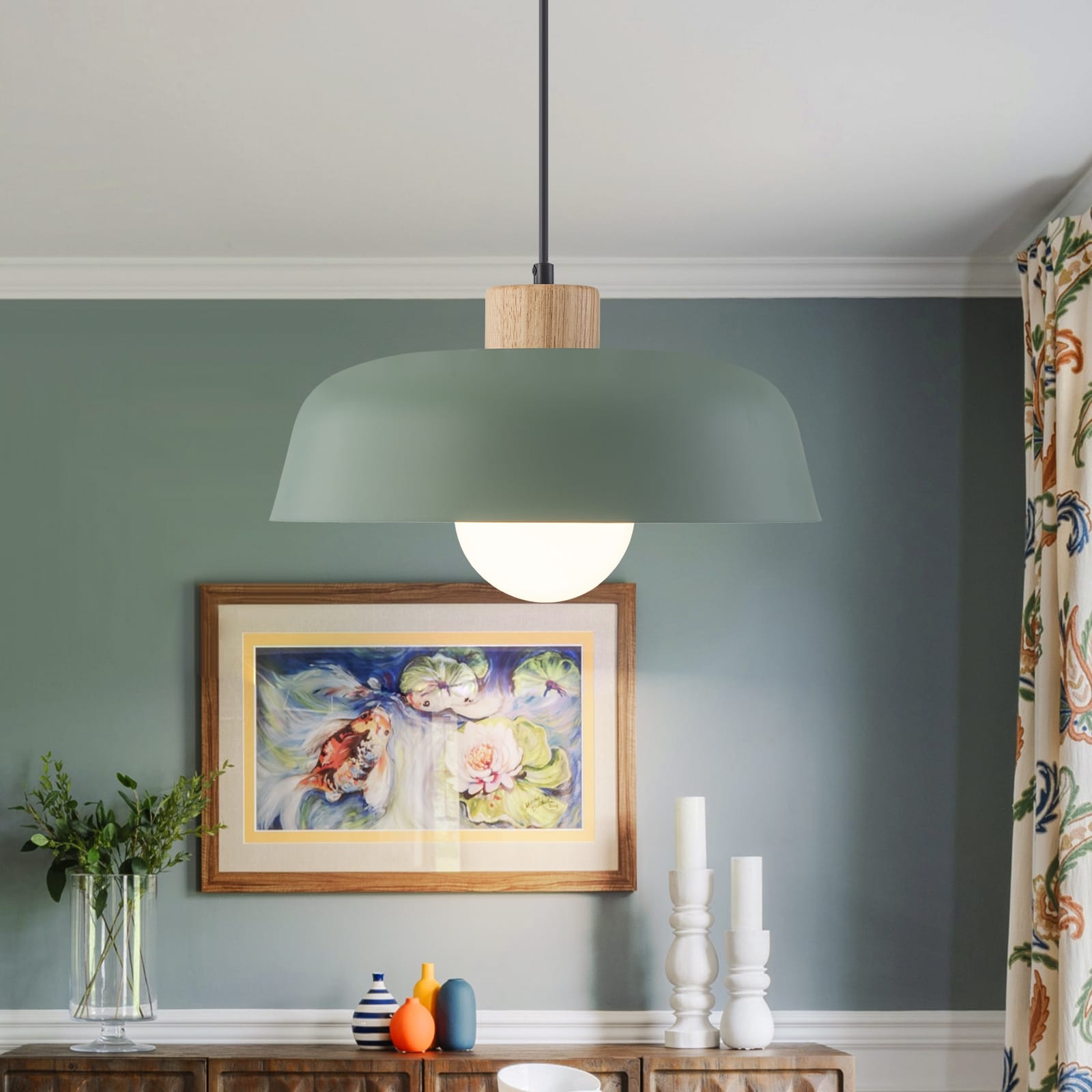 Modern 1-Light Green Dome Pendant Light with Decorative Wood Accent