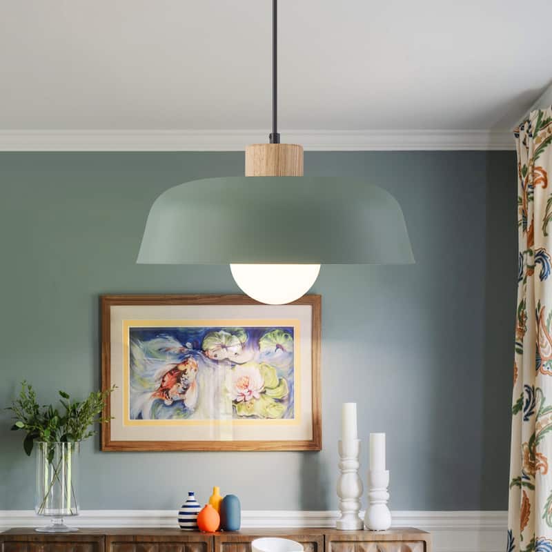 Modern 1-Light Green Dome Pendant Light with Decorative Wood Accent