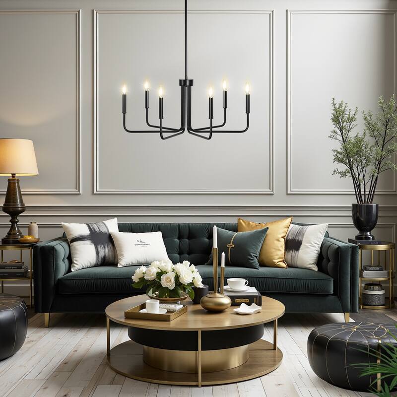 YANSUN 6-Light Black Branch Chandelier, E12 Base, Round Rod Design, No Bulbs
