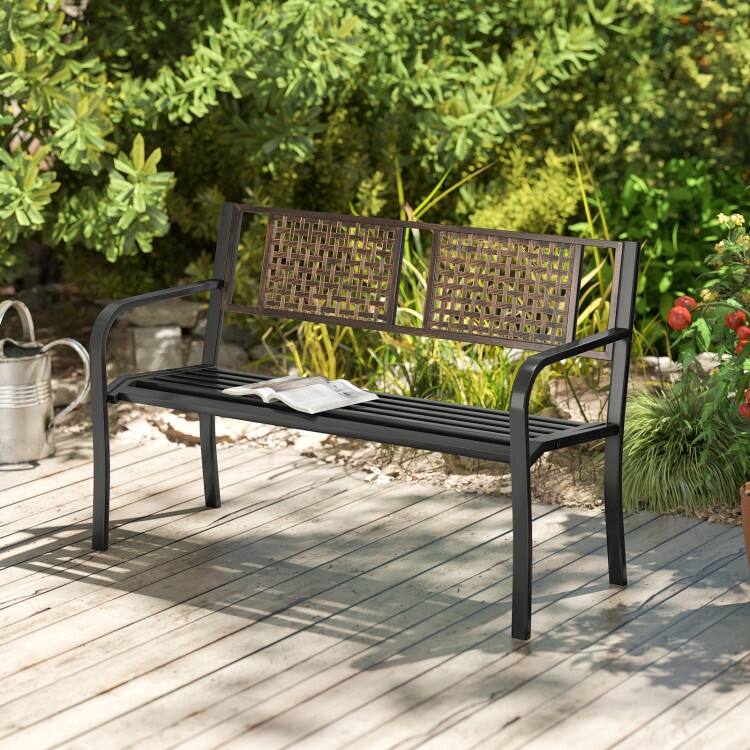 Black Metal Woven-Look Garden Bench with Curved Seat, Armrests and Non-Slip Feet - 50" L x 23.5" W x 32" H