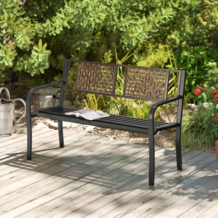 Black Metal Woven-Look Garden Bench with Curved Seat, Armrests and Non-Slip Feet - 50" L x 23.5" W x 32" H