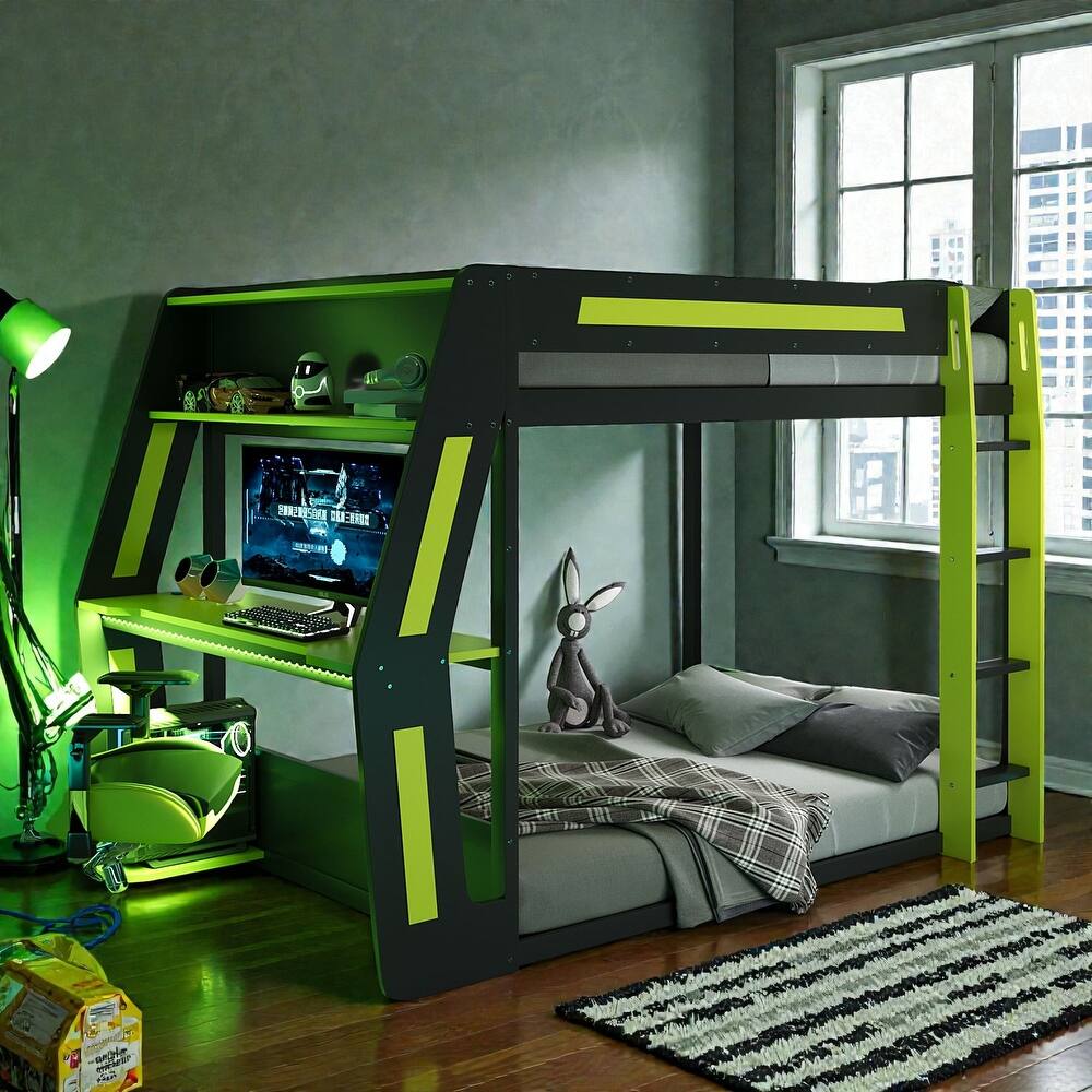 Full Size Gaming Loft Bed with RGB Desk, USB Charging Ports, LED Lights, Heavy Duty Esports Bunk Bed
