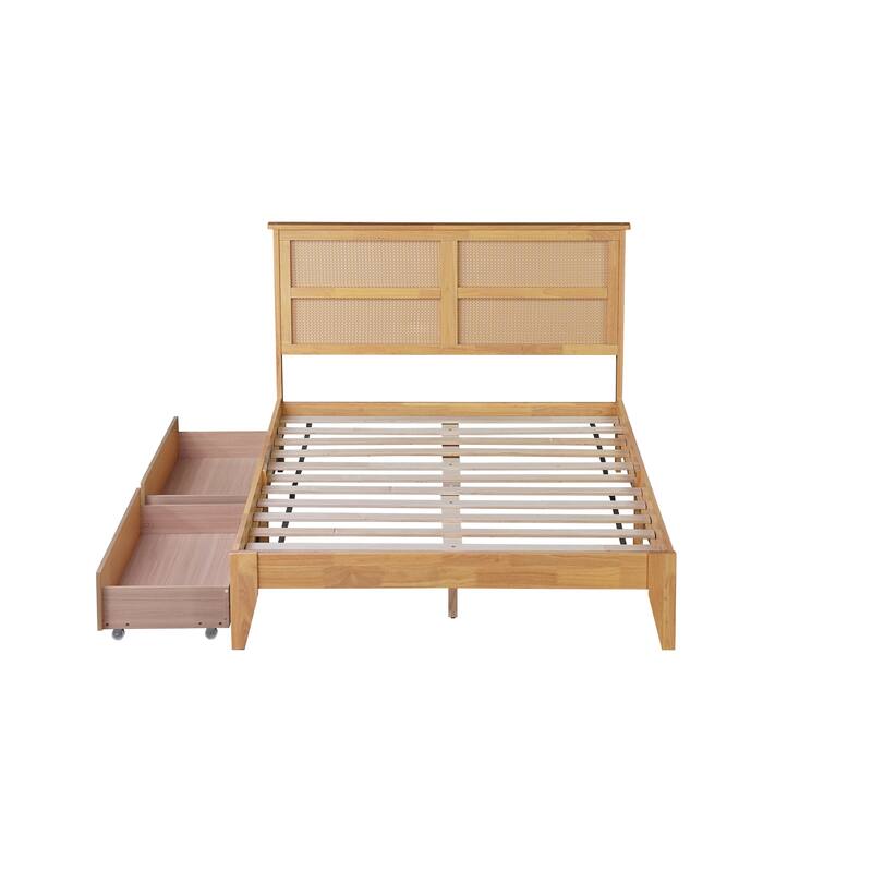 King Size Bed with Rattan Headboard, 2 Under-Bed Storage Drawers, Solid Rubber Wood Frame with Enhanced Support