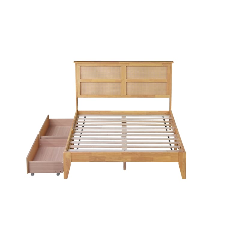 Wood Frame Bed with Rattan Headboard, 2 Drawers
