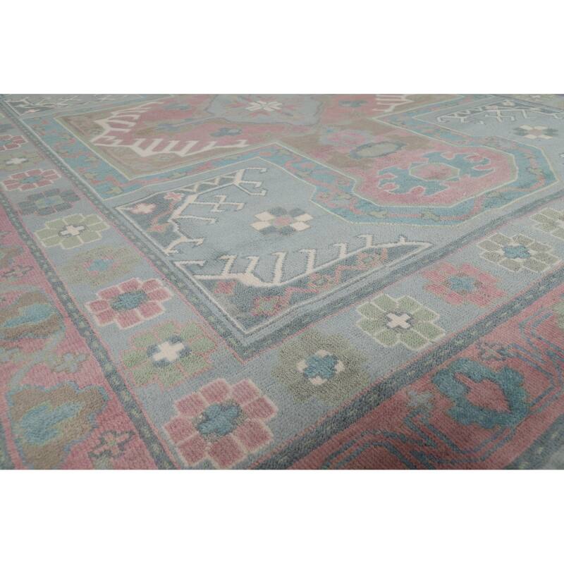 Blues Pink Geometric Oushak Indian Area Rug Handmade Wool Carpet - 8'0" x 10'0"