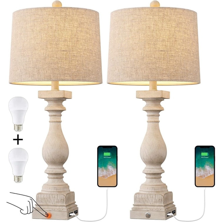 27" Farmhouse Table Lamp Set of 2 with USB A and C
