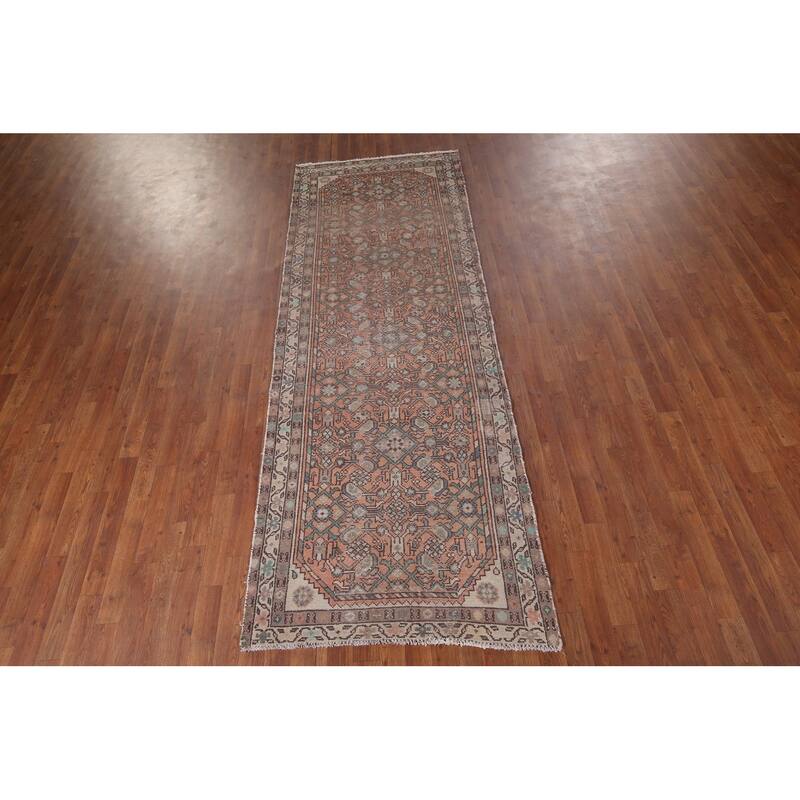 Distressed Hamedan Vintage Persian Runner Rug Hand-Knotted Wool Carpet - 3'5" x 9'4"