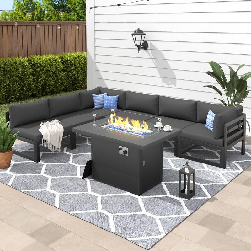 7 Piece Aluminum Patio Furniture Set with Fire Pit Propane/Gas, 29 inch Deep Wide Seat Aluminum Outdoor Sectional