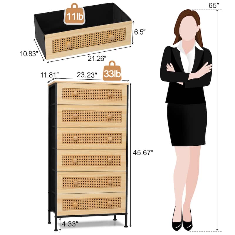 6-Drawer Chest Faux Rattan Fabric Drawers Dresser Storage Cabinet Bedroom Organizer