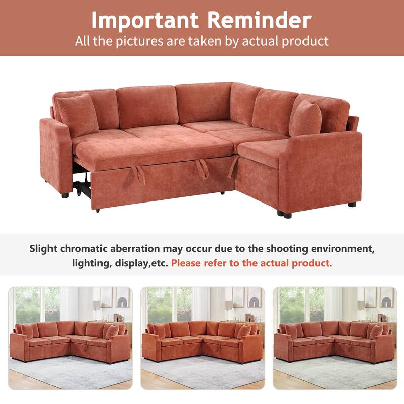L-Shaped Sectional Sofa Bed, Chenille Upholstered Sleeper Sofa with Hidden Storage Compartment, 4 Seater Corner Sectional Sofa