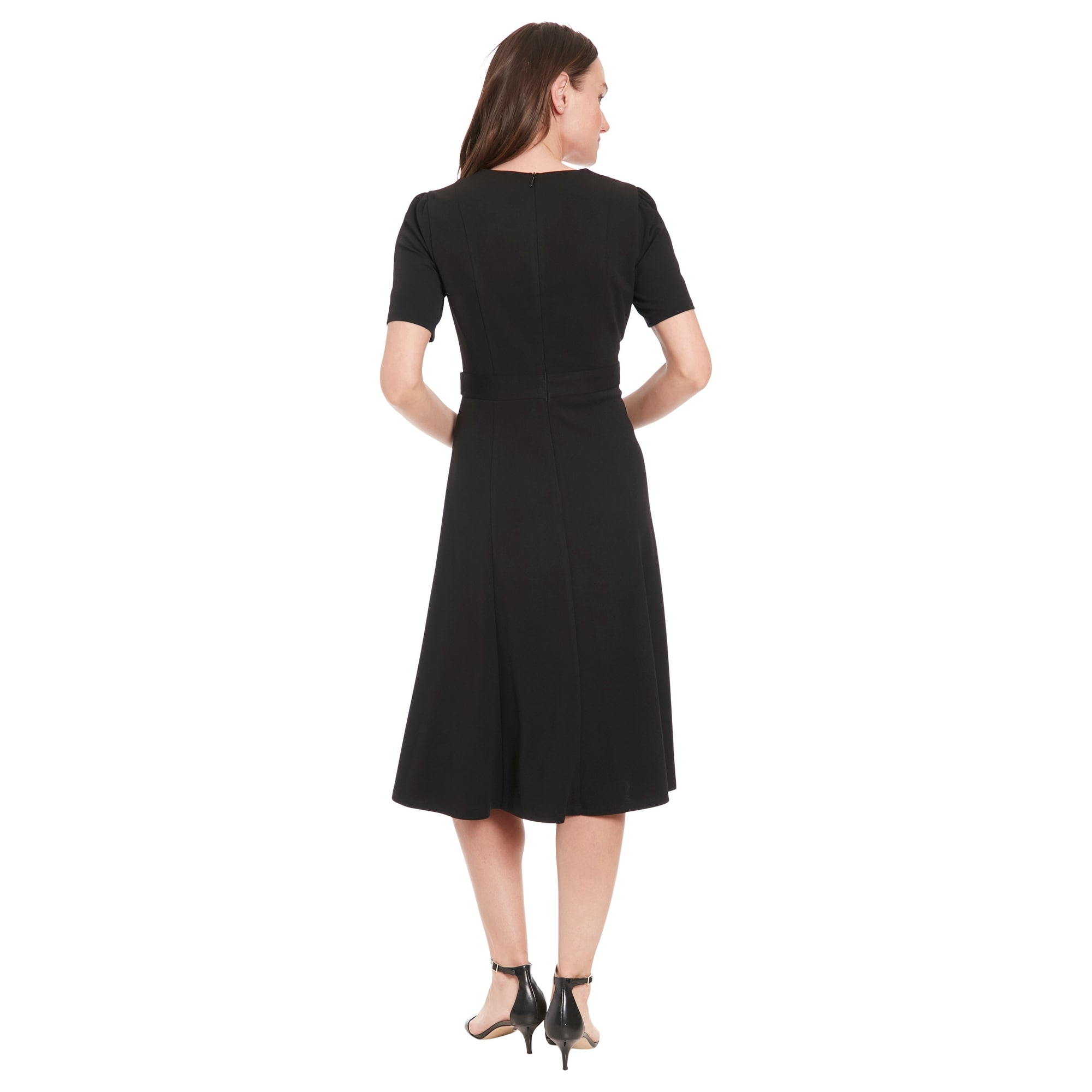 a line work dress ZAPAKA Women Black Midi Work Dress A Line Round Neck Semi Formal Dress with Pockets, Black / US26W main image 0