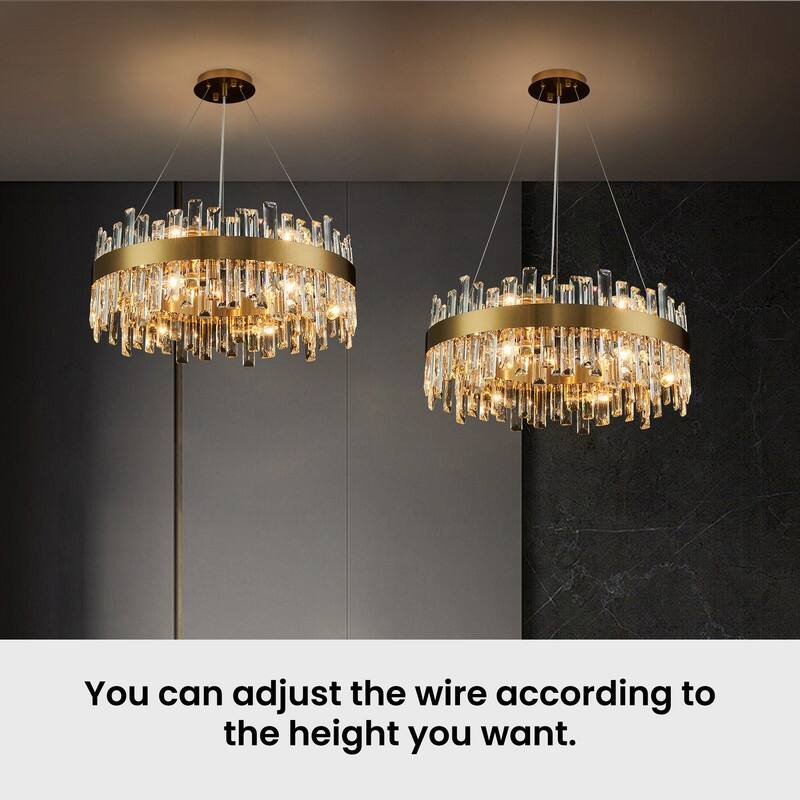 32 in. 2-Tier Modern Crystal Chandelier Brass Gold Round Crystal Raindrop Chandelier Contemporary Pendant Light for Dining Room