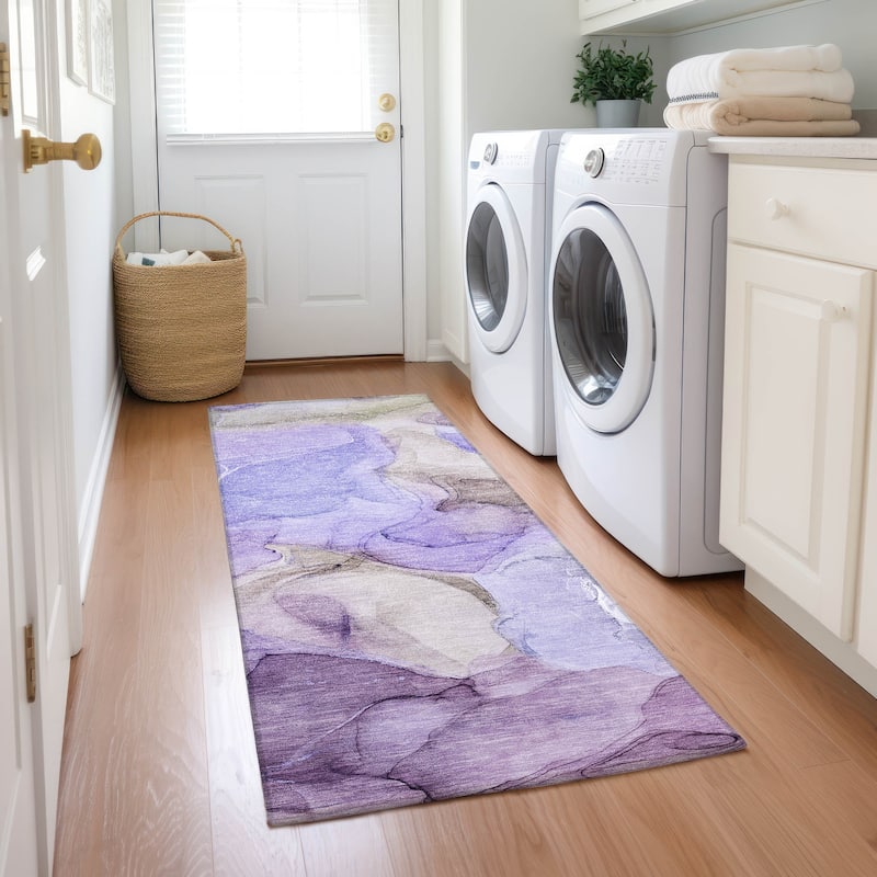 Machine Washable Indoor/ Outdoor Chantille Watercolor Purple Rug