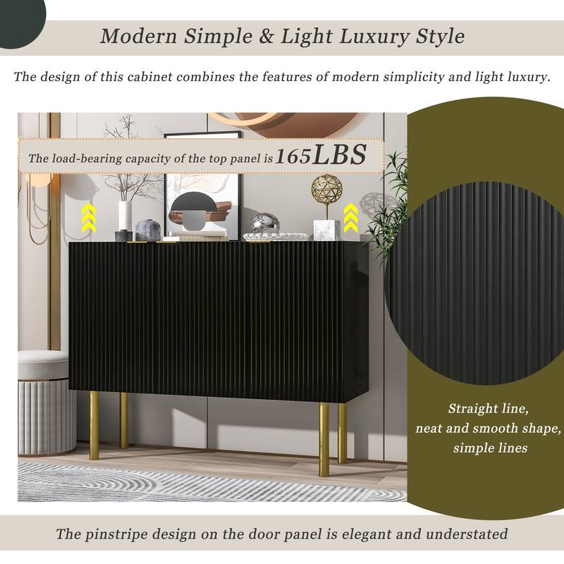 Pinstripe Design Buffet Sideboard w/ Gold Metal Legs & Handles - Black
