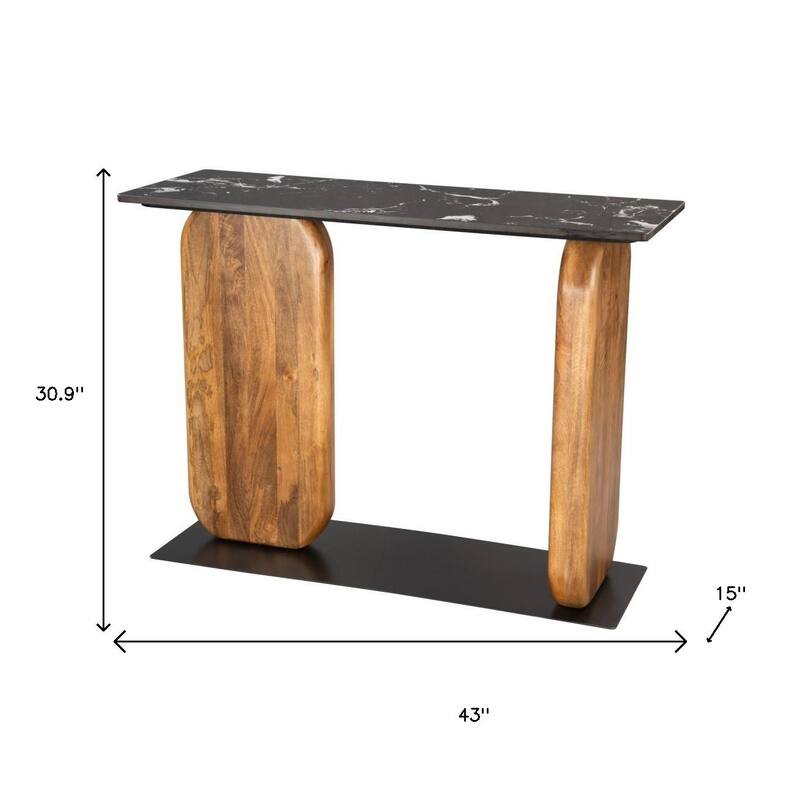HomeRoots 43" Black and Brown Genuine Marble and Solid Wood Solid Console Table - 43.00 in. x 30.90 in. x 15.00 in.