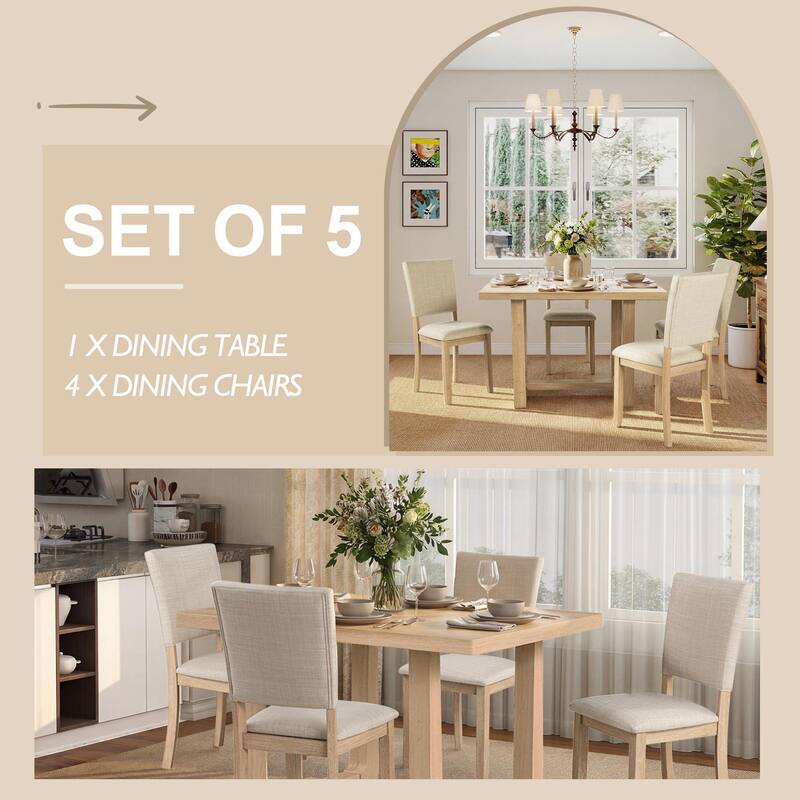 Rossetta 5-Piece Wood Transitional Farmhouse Style Dining Table Set with U-Shaped Trestle Base Table, 4 Upholstered Side Chairs