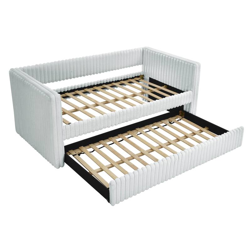 Roomfitters Twin Upholstered Daybed with Pull-Out Trundle, Corduroy Fabric Sofa Bed Frame for Living Room
