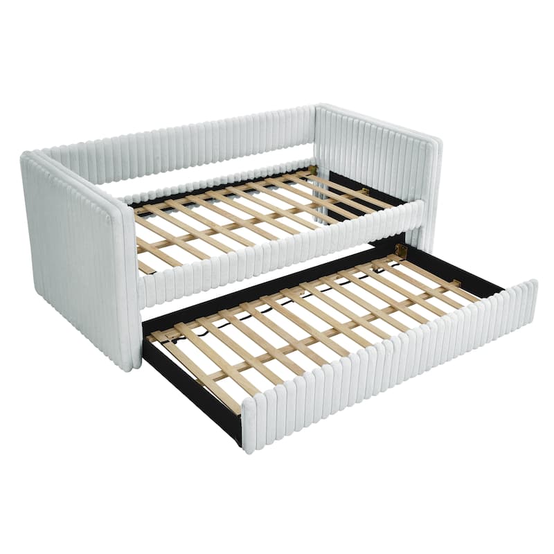Twin Upholstered Daybed with Pull-Out Trundle, Modern Striped Corduroy Fabric Sofa Bed with Armrests, Space-Saving Sleeper