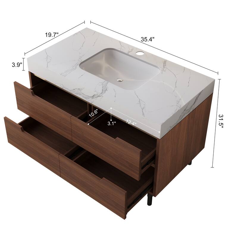 GDFStudio - Luxury 35.4" Versatile Floating/Freestanding Sintered Stone Bathroom Vanity with Ceramic Sink & Soft-Close Drawers