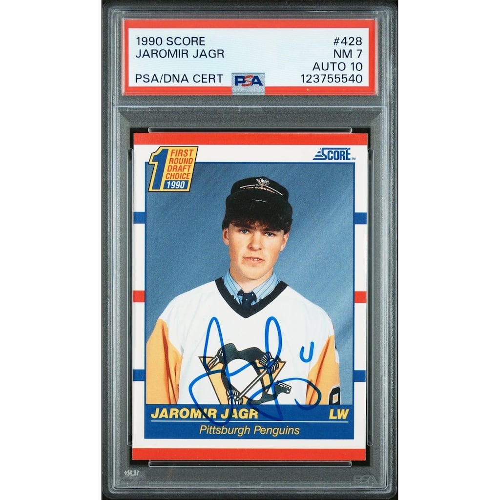 Jaromir Jagr 1990 Score Signed Hockey Rookie Card #428 Graded PSA 7 Auto 10 Cert # 123755540 - 8' x 11'