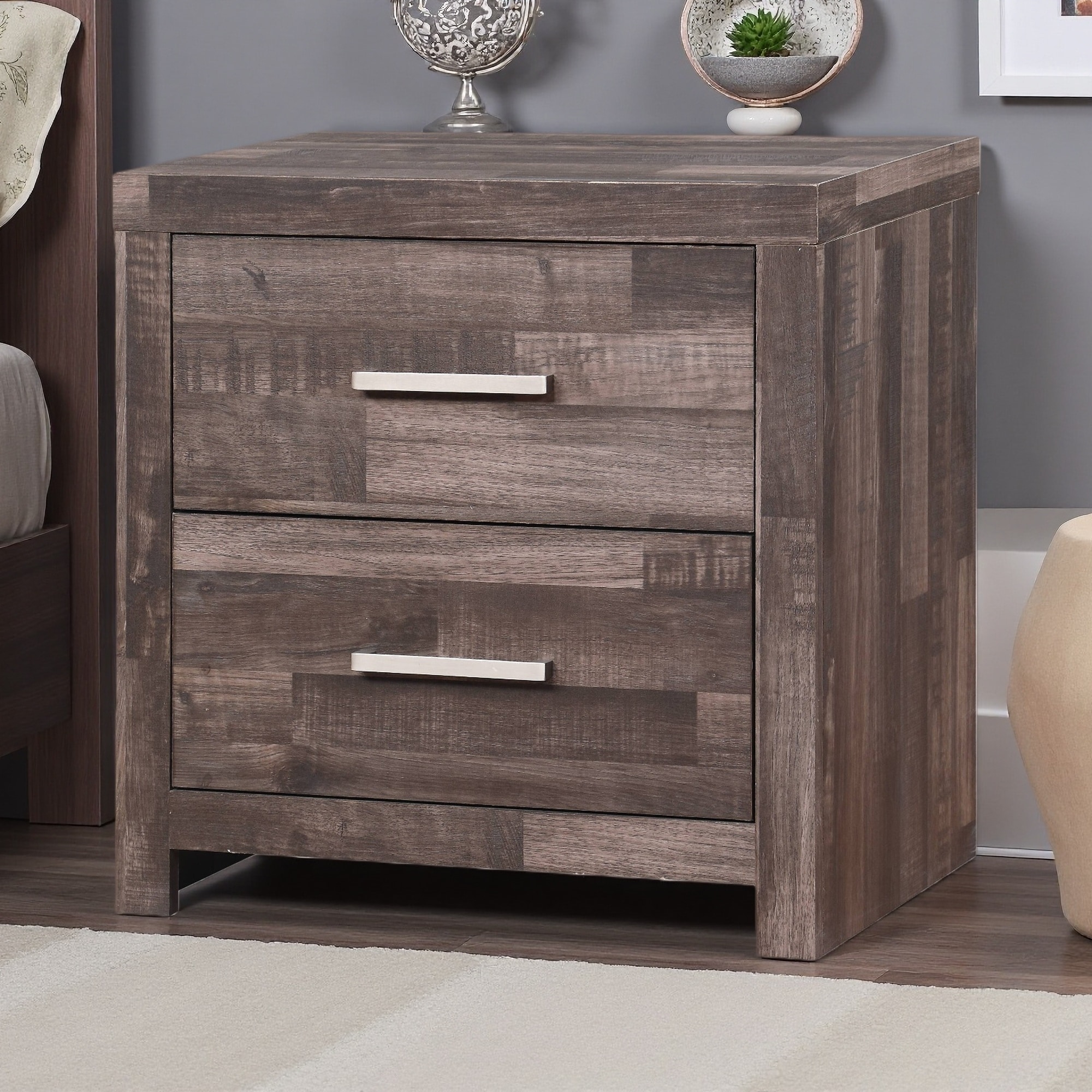 24"L Solid Pine Wood Rustic 2-Drawer Nightstand with Plank Pattern, Sled Base & Melamine-Paper Veneer Finish