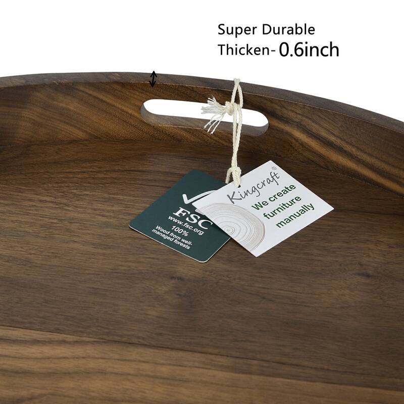 KINWELL Round Black Walnut Wood Serving Tray Ottoman Tray with Handles