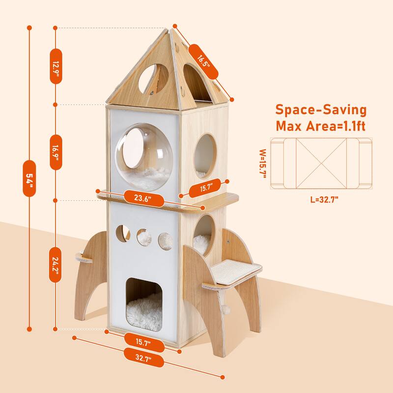Modern Rocket Shape Multi-level Cat Tree with 3 Condos & Dangling Balls