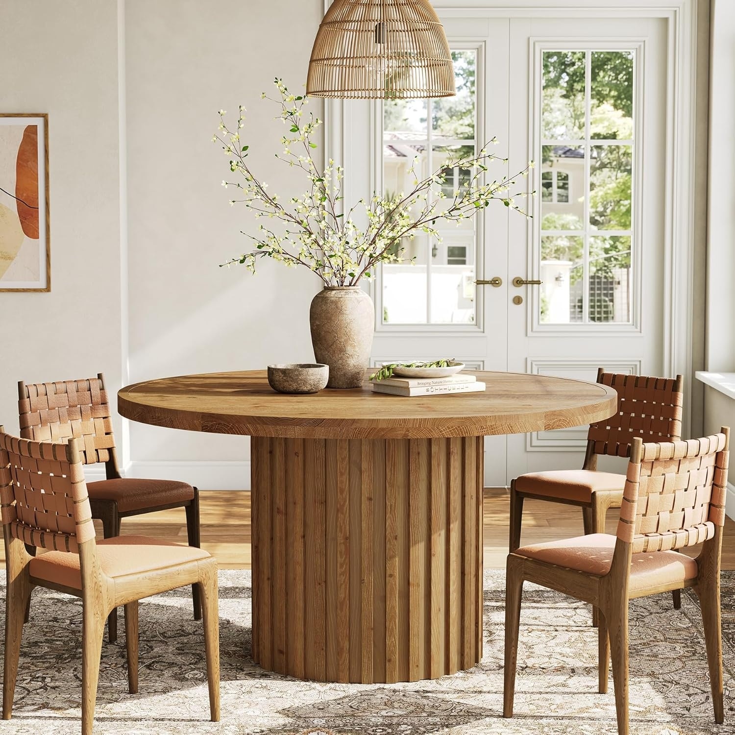 47" Solid Wood Dining Table for 4-6, Round Farmhouse Pedestal Kitchen Dinner Table - 47" L × 47" W × 29.5" H