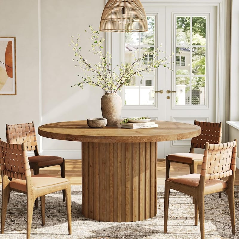 47" Solid Wood Round Farmhouse Pedestal Dining Table Kitchen Table for 4-6 - 47" L × 47" W × 29.5" H - Natural Wood