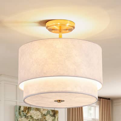 3-Light Double Layer Ceiling Light with Tyvek paper Lampshade - Modern Gold and White Fixture for Living Room
