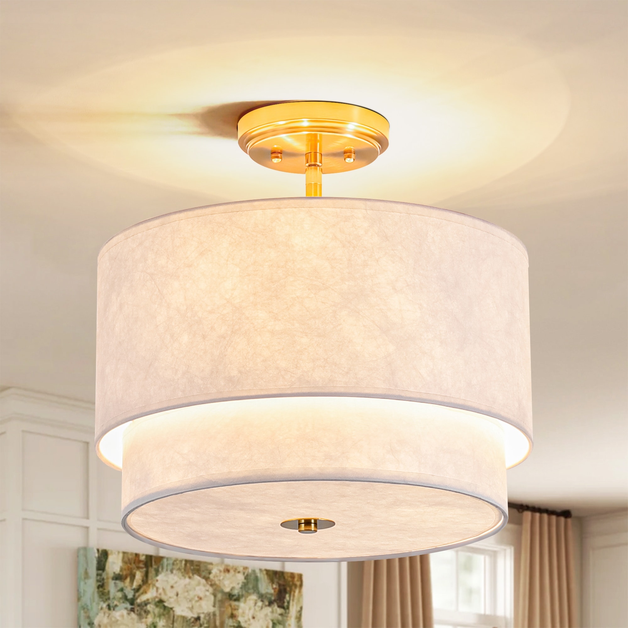 Rennnsan 3-Light Fabric Shade Semi Flush Mount Ceiling Light for Living Roomc
