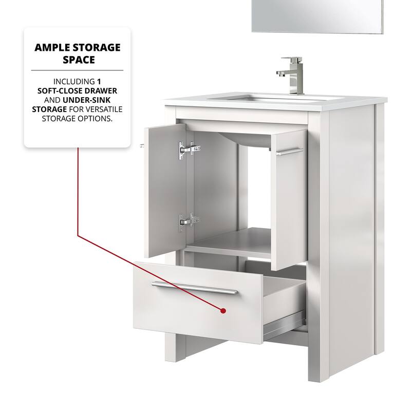 24 in. White Vanity with Quartz Top, Rose Gold Faucet, and 18 in. Mirror - Bathroom Storage Cabinet with Soft-Close Doors