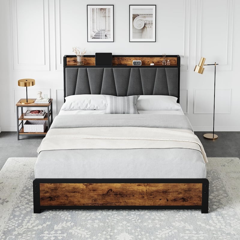 Bed Frame with Storage Linen Upholstered Headboard - Grey - Queen