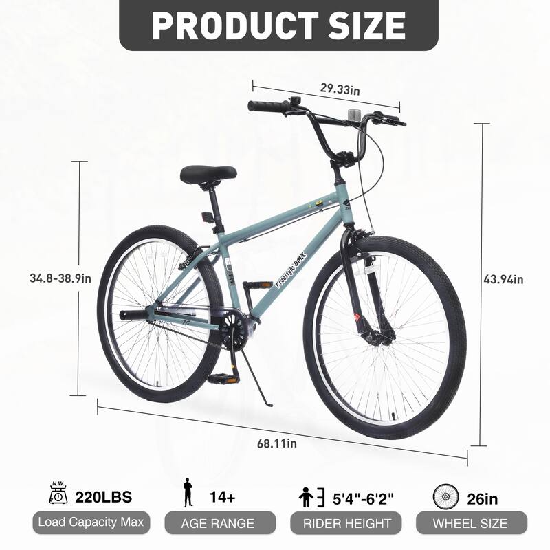 26 Inch Freestyle Bike for Teens, Single-Speed Bicycle with 2 Pegs, Front Caliper Brake and Rear V Brake for Boys and Girls Ages