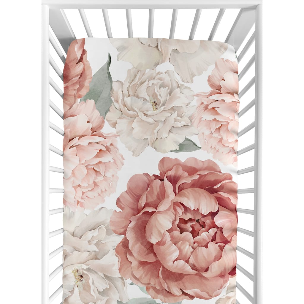Boho Shabby Chic Floral Girl Fitted Crib Sheet Ivory Bohemian Vintage Garden Watercolor Flower Nature Elegant Pastel Large Rose