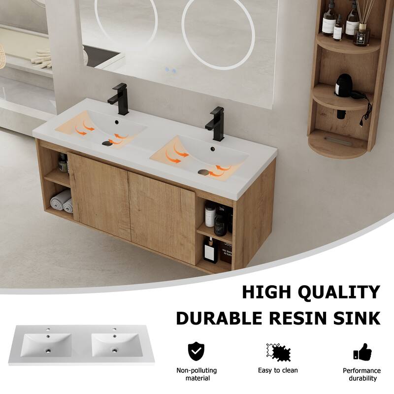 Wall-Mounted Bathroom Vanity With Double Sink and Storage Rack