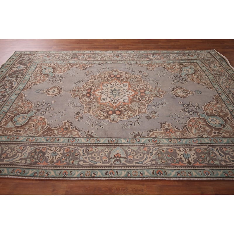 Hand Knotted Oriental 100% Wool Carpet Traditional Medallion Greys & Charcoal Tabriz Area Rug - 9' 8'' X 6' 5''