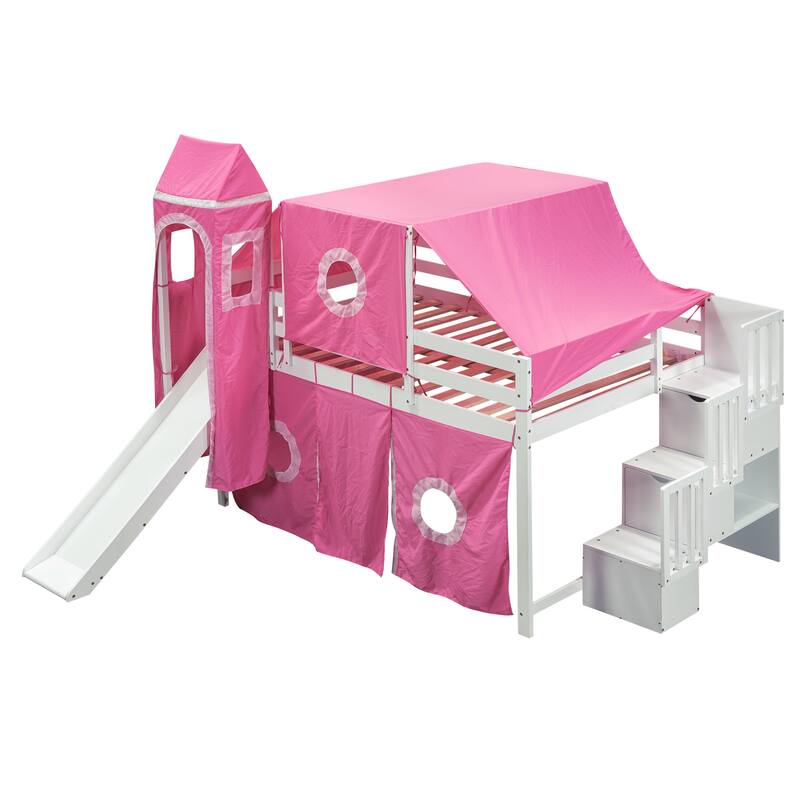 Full Size Pine Wood Loft Bed with Storage Staircase, Slide, Tent, Tower, Guardrail