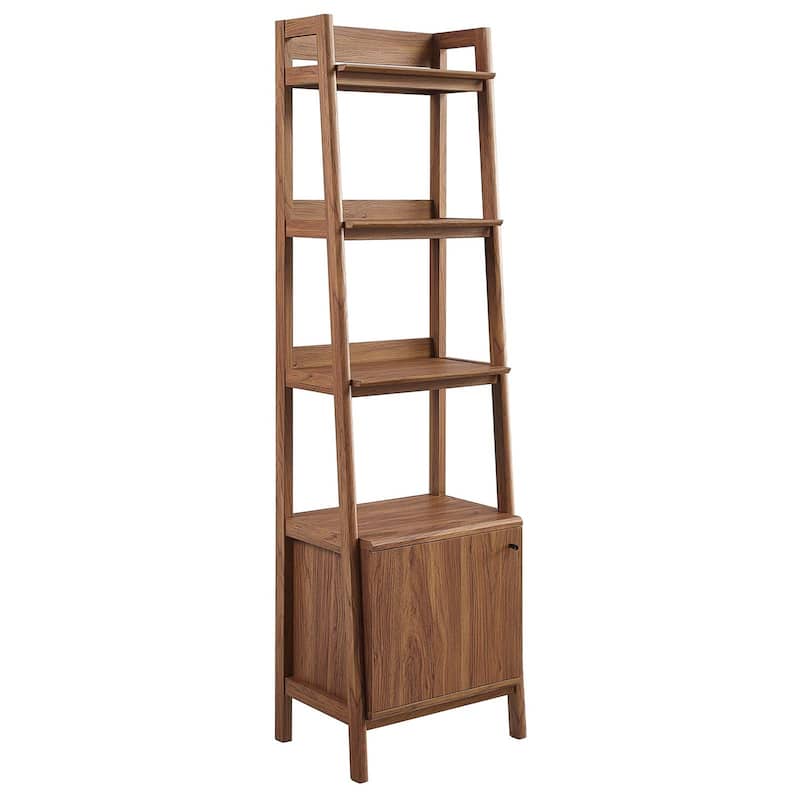 Balsam Sleek 5-Shelf Ladder Walnut Wooden Bookcase with Storage Cabinet