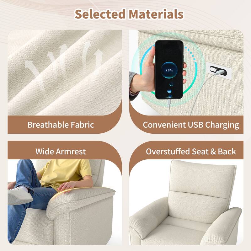 GDFStudio - Zero Wall Snowflake Velvet Power Recliner with USB Type-C