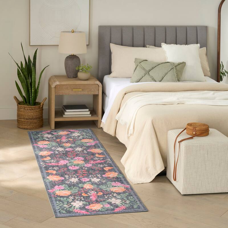 Nourison Botanical Washables Indoor only Floral Patterned Area Rug - Charcoal/Multicolor - 2' x 6'