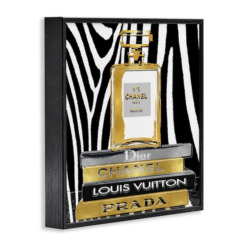 Stupell Glam Fragrance Fashion Book Stack Black Zebra Print Framed Wall Art, 12 x 12