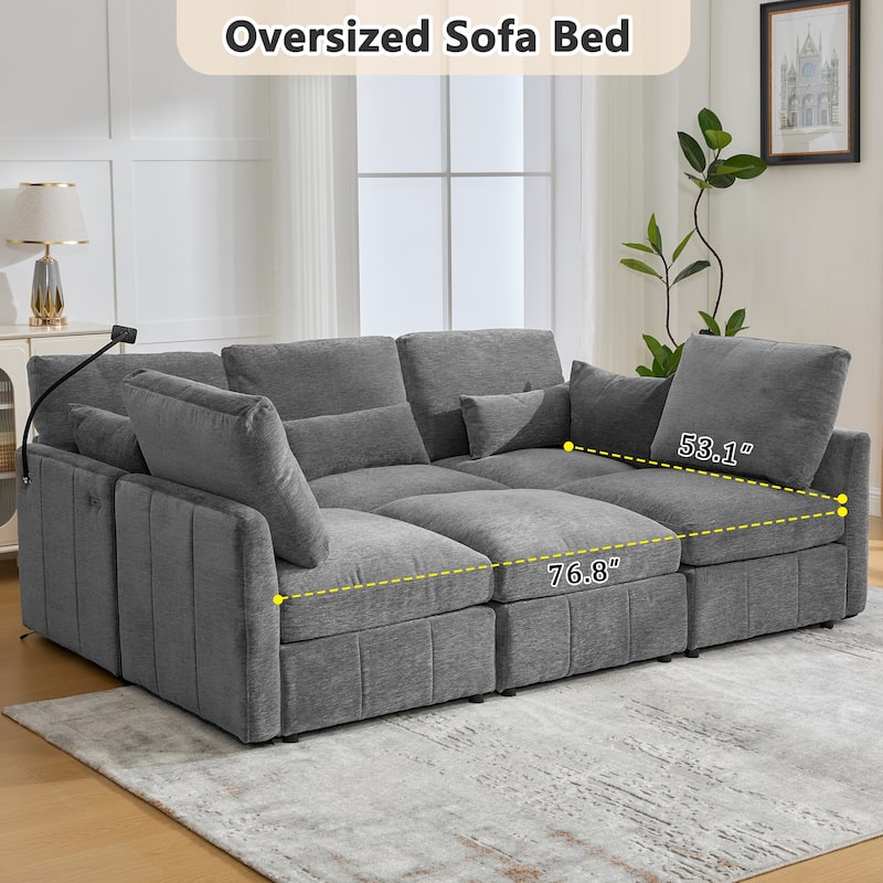 Modular Sectional Sofa with Movable Ottoman Convertible L-Shape or U-Shape Sofa Bed Built-in USB Charging Ports and Phone Holder