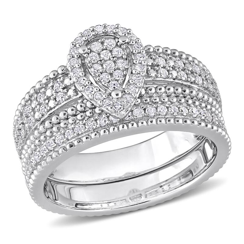 Miadora 1/3ct TDW Diamond Teardrop Clustered Multi-row Halo Bridal Ring Set in Sterling Silver